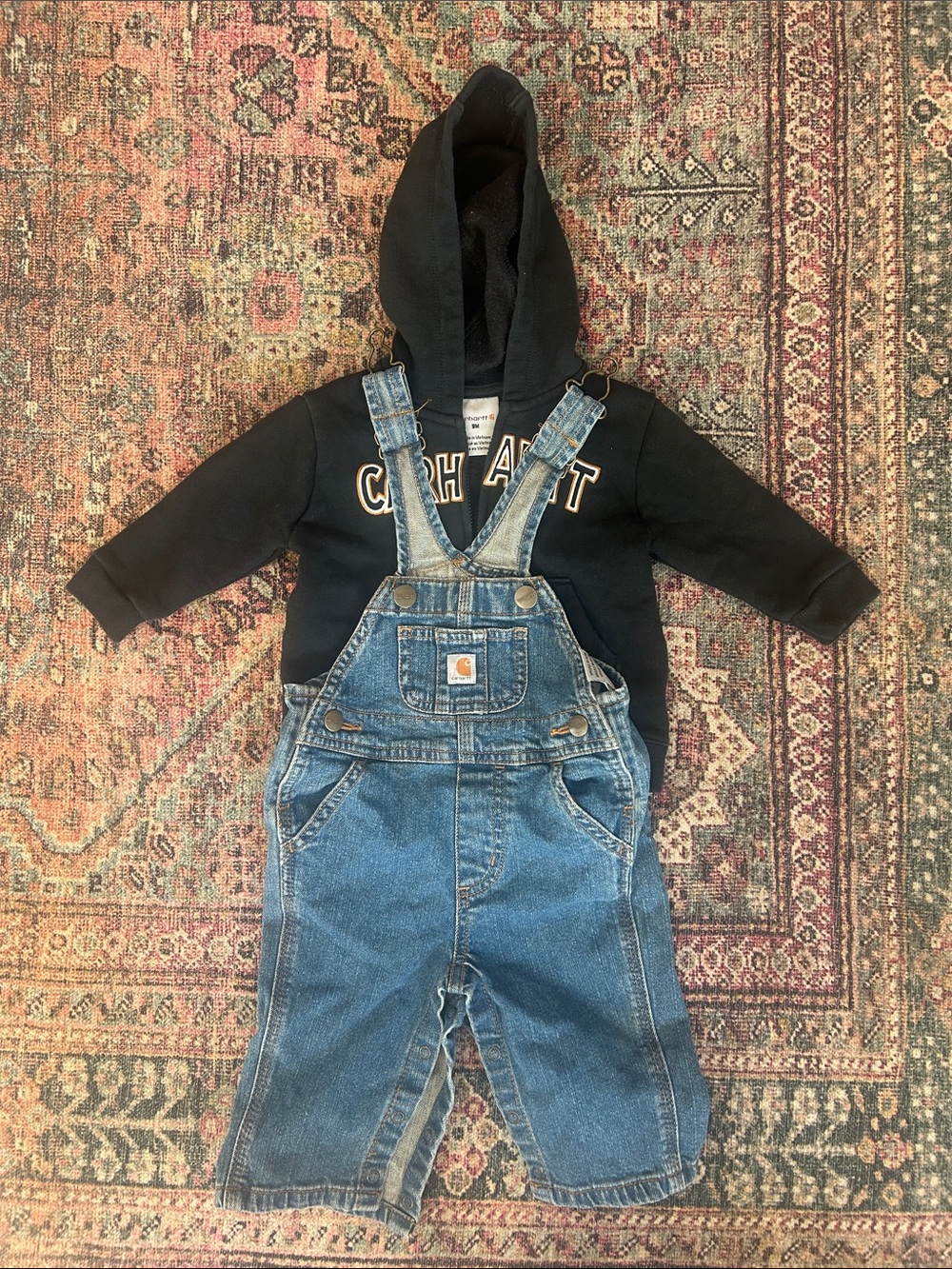 Baby Carhartt Black Hoodie with Blue Denim Overalls